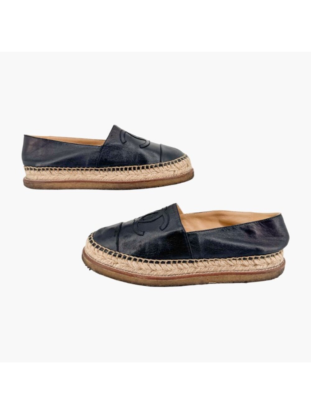 Chanel Black Leather CC Logo Espadrille Flats Size 39 US 8.5 Platform Shoes - Picture 7 of 14